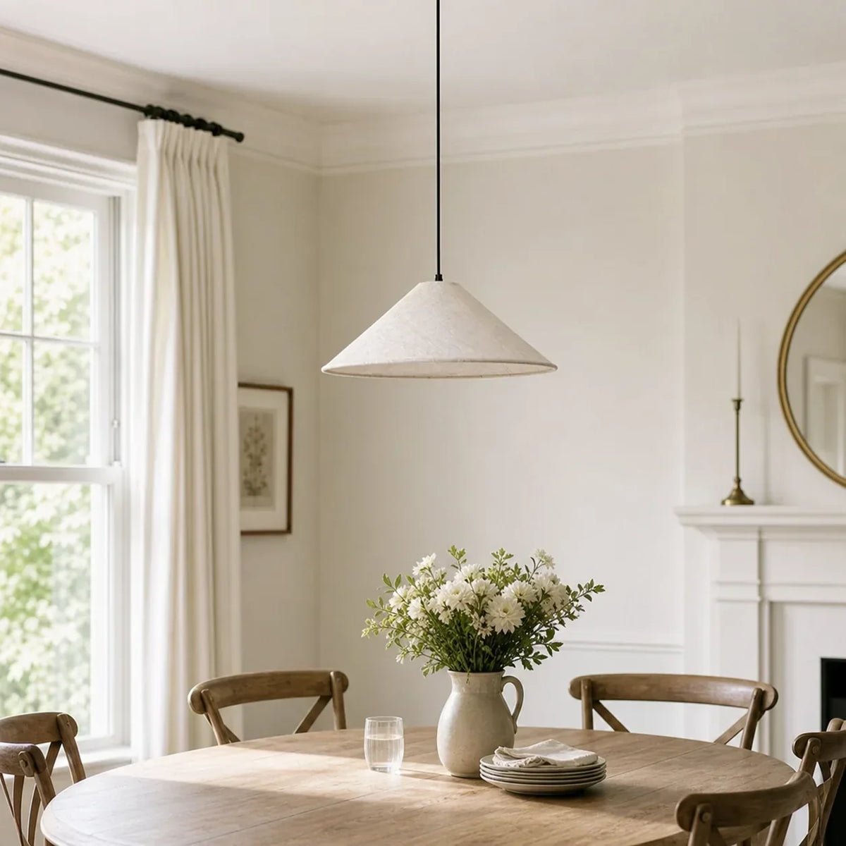 Linen Pendant Light with Conical Shade – Raw Texture for Dining Table and Kitchen Island