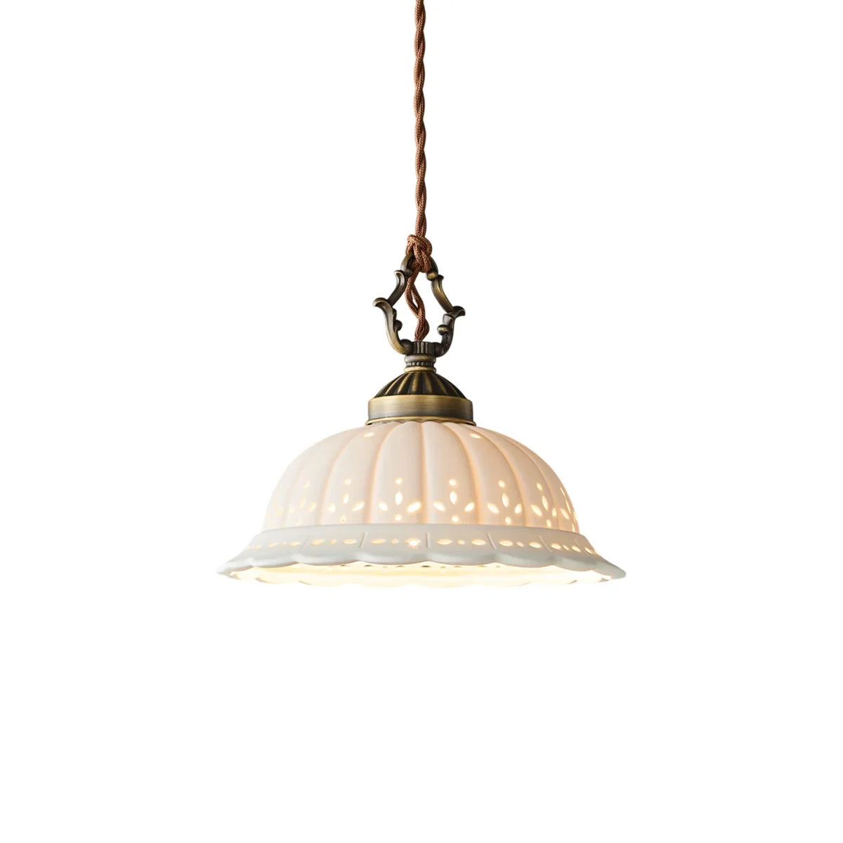 Perforated Ceramic Pendant Light with Antique Brass Fittings