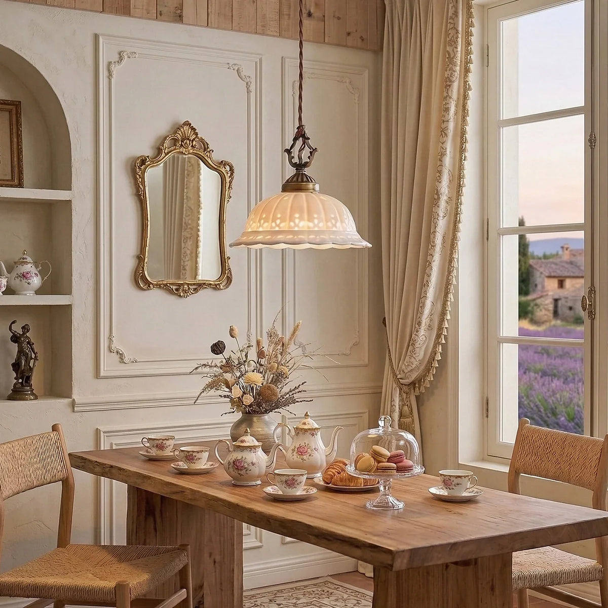 Perforated Ceramic Pendant Light with Antique Brass Fittings