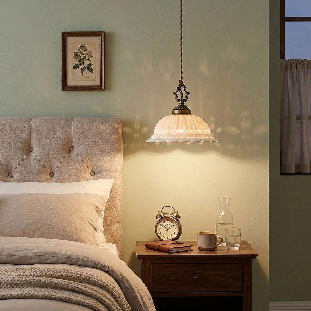 Perforated Ceramic Pendant Light with Antique Brass Fittings