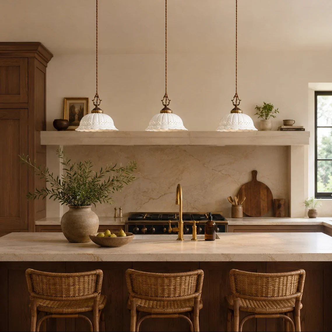 Perforated Ceramic Pendant Light with Antique Brass Fittings