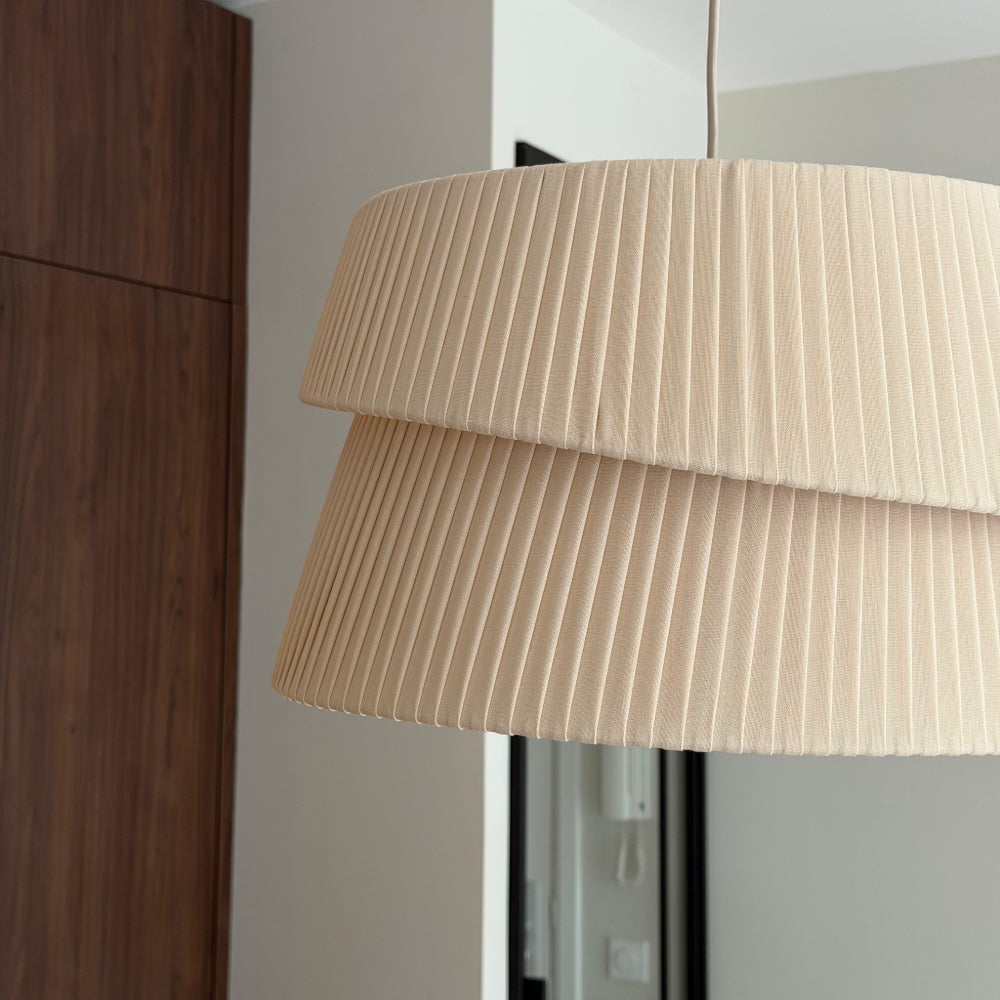 Pleated Linen Pendant Light with Overlapping Two-Tier Shade for Dining Table and Kitchen Island