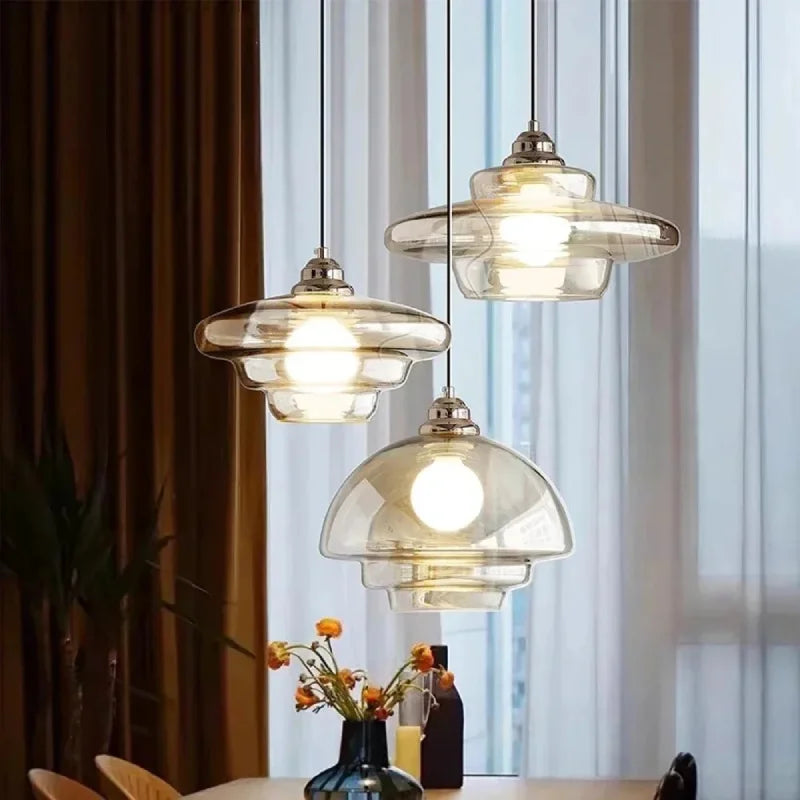 Retro Layered Glass Pendant Light with E27 Socket and Adjustable Cord