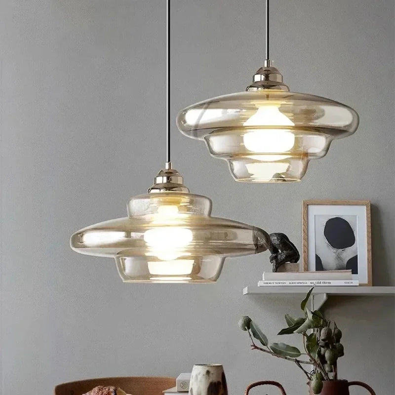 Retro Layered Glass Pendant Light with E27 Socket and Adjustable Cord