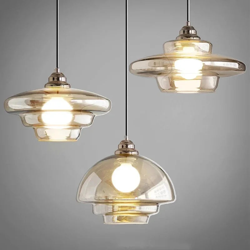 Retro Layered Glass Pendant Light with E27 Socket and Adjustable Cord