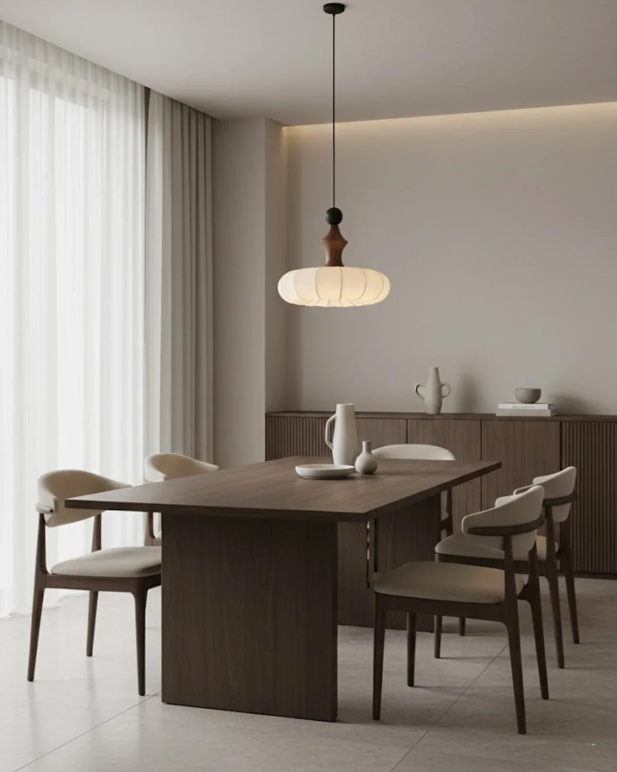 Silk Pendant Light with Fluted Shade and Wood Details for Dining and Living Room