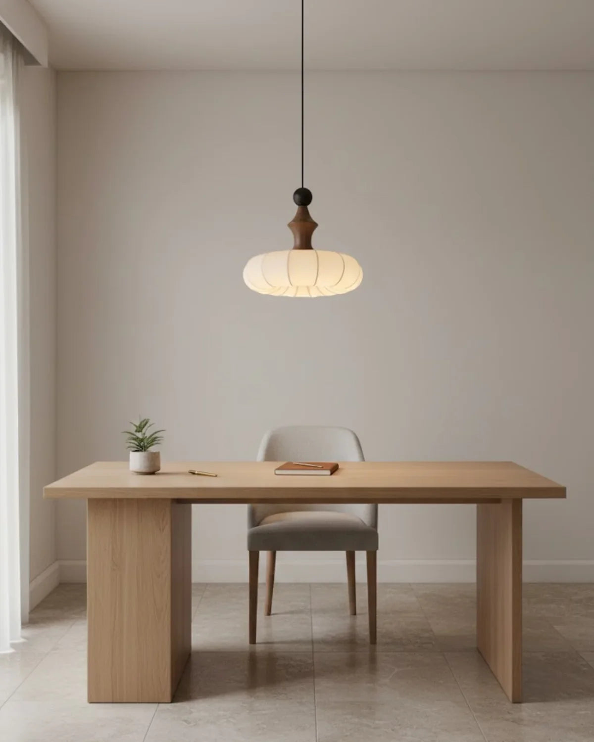Silk Pendant Light with Fluted Shade and Wood Details for Dining and Living Room