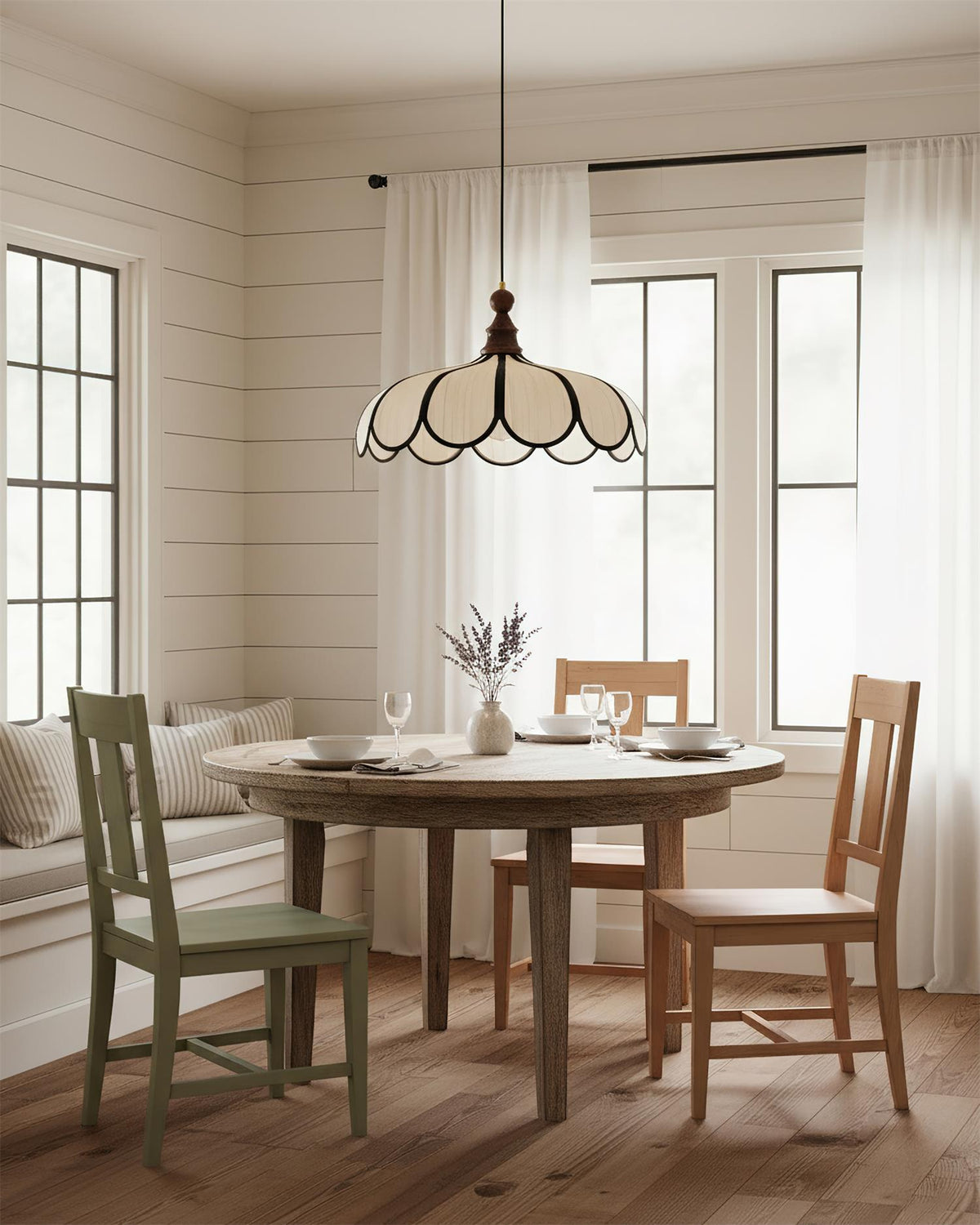Leaf-Shaped Fabric Pendant Light in Walnut and Black