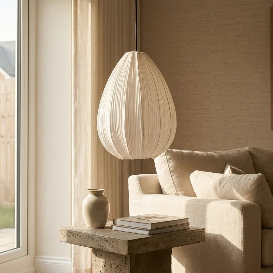 Pleated Fabric Pendant Light in Japanese Wabi Sabi Design
