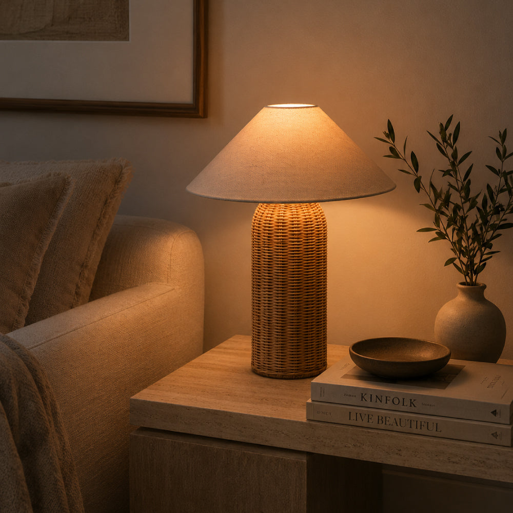 Rattan Table Lamp – Tall Cylinder Base with Natural Linen Shade