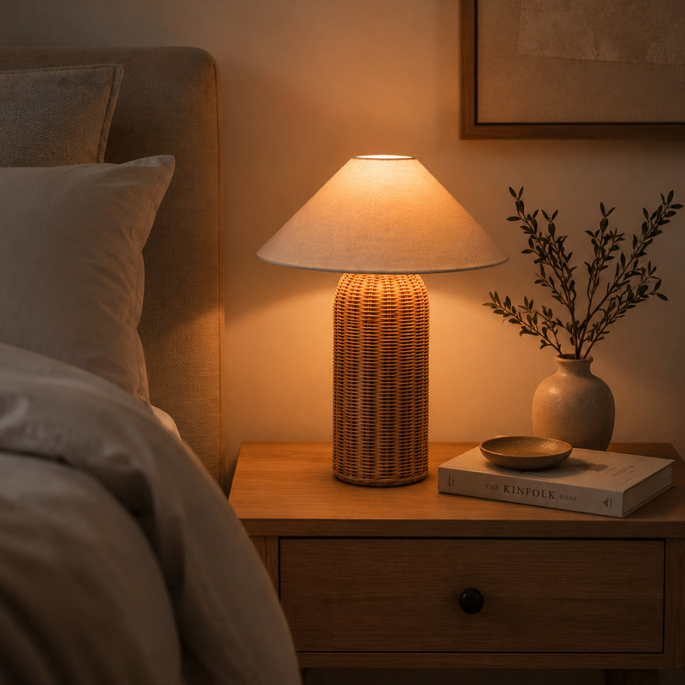 Rattan Table Lamp – Tall Cylinder Base with Natural Linen Shade