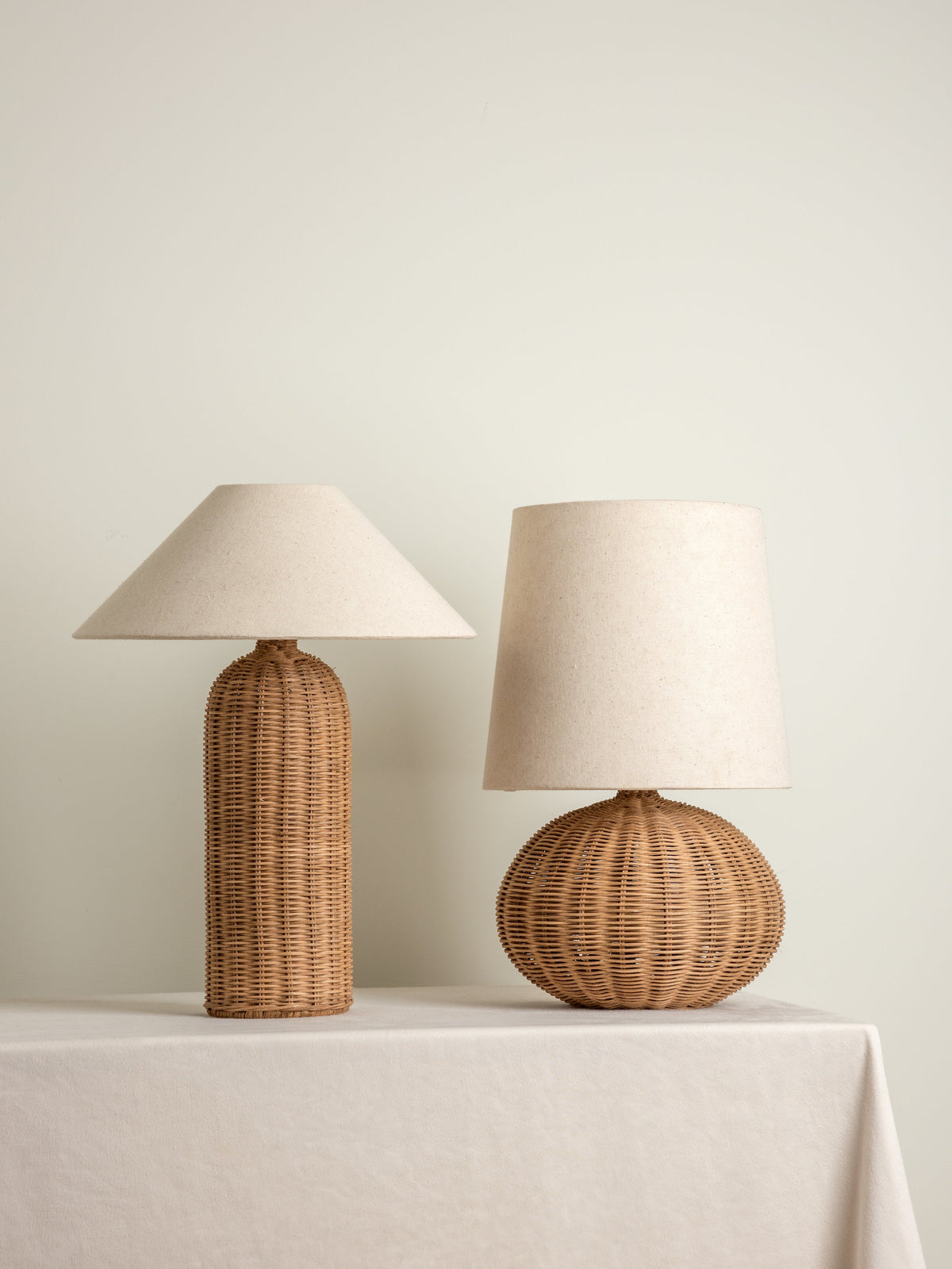 Rattan Table Lamp – Tall Cylinder Base with Natural Linen Shade