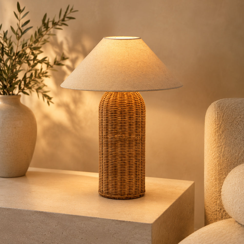 Rattan Table Lamp – Tall Cylinder Base with Natural Linen Shade
