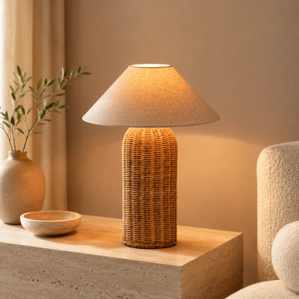 Rattan Table Lamp – Tall Cylinder Base with Natural Linen Shade