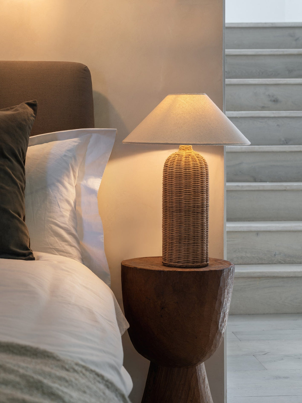 Rattan Table Lamp – Tall Cylinder Base with Natural Linen Shade