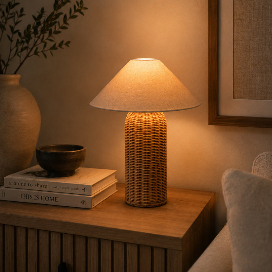 Rattan Table Lamp – Tall Cylinder Base with Natural Linen Shade
