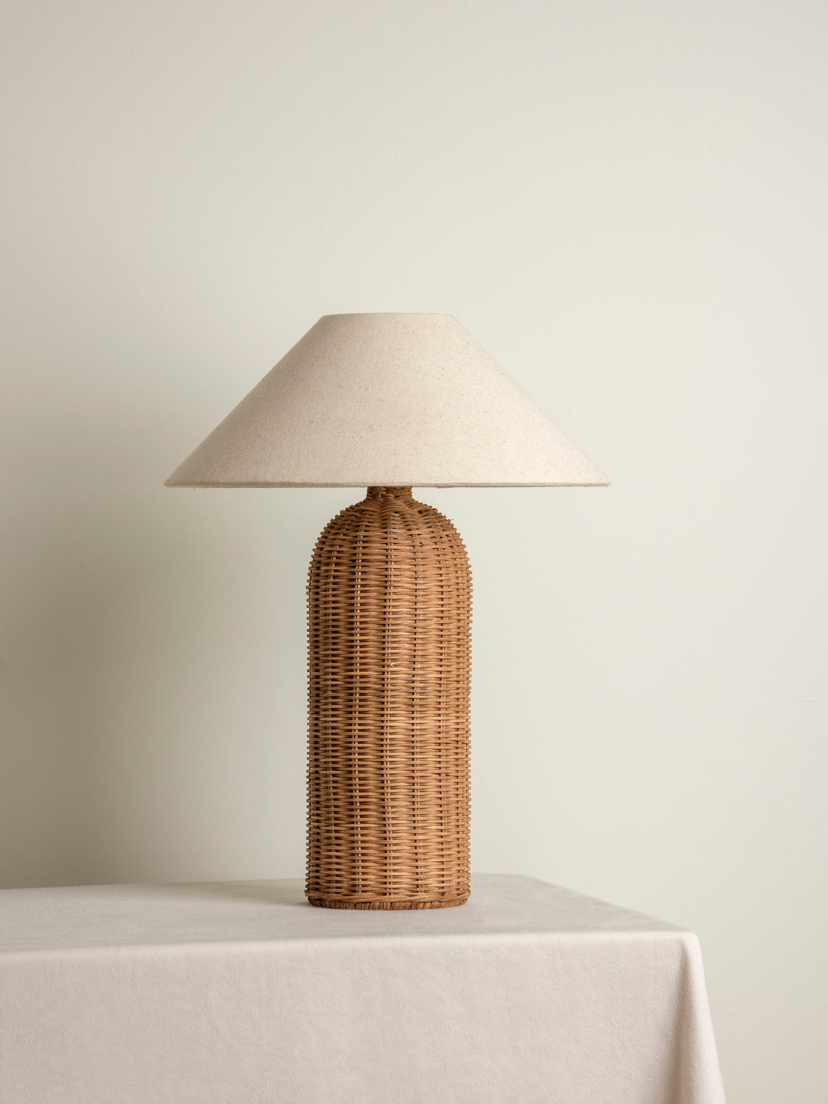 Rattan Table Lamp – Tall Cylinder Base with Natural Linen Shade