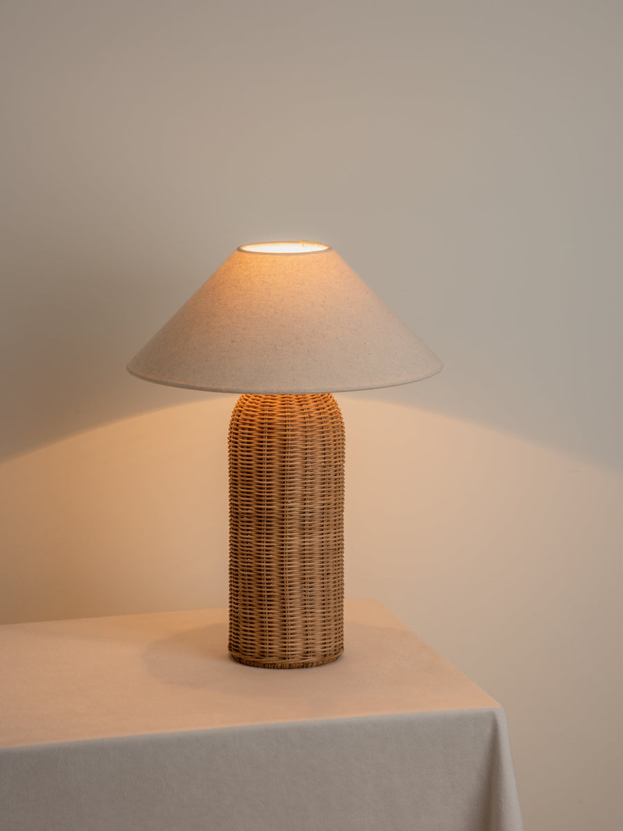Rattan Table Lamp – Tall Cylinder Base with Natural Linen Shade