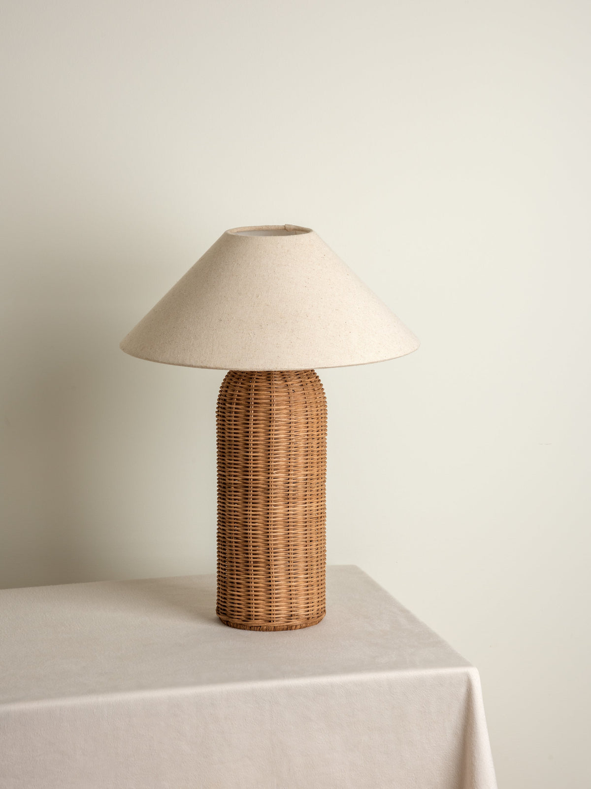 Rattan Table Lamp – Tall Cylinder Base with Natural Linen Shade