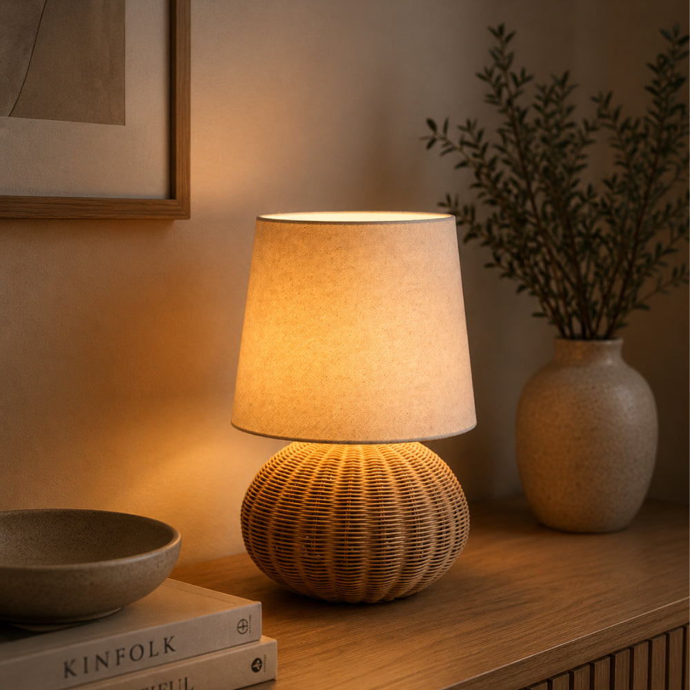 Rattan Table Lamp – Globe Base with Natural Linen Shade