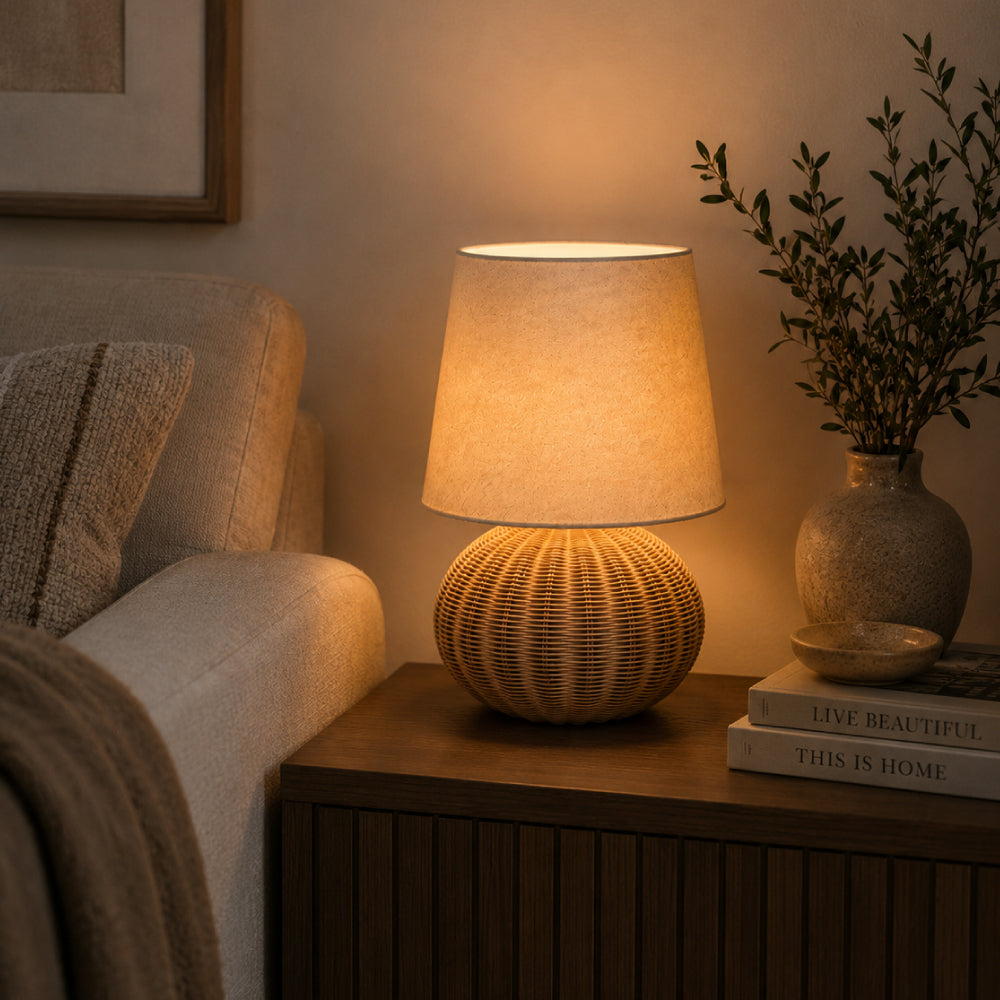 Rattan Table Lamp – Globe Base with Natural Linen Shade