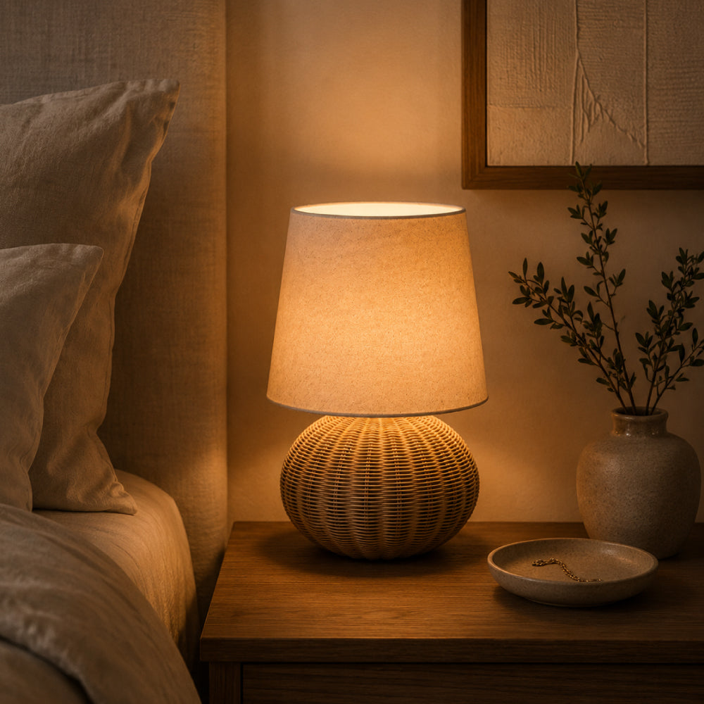 Rattan Table Lamp – Globe Base with Natural Linen Shade