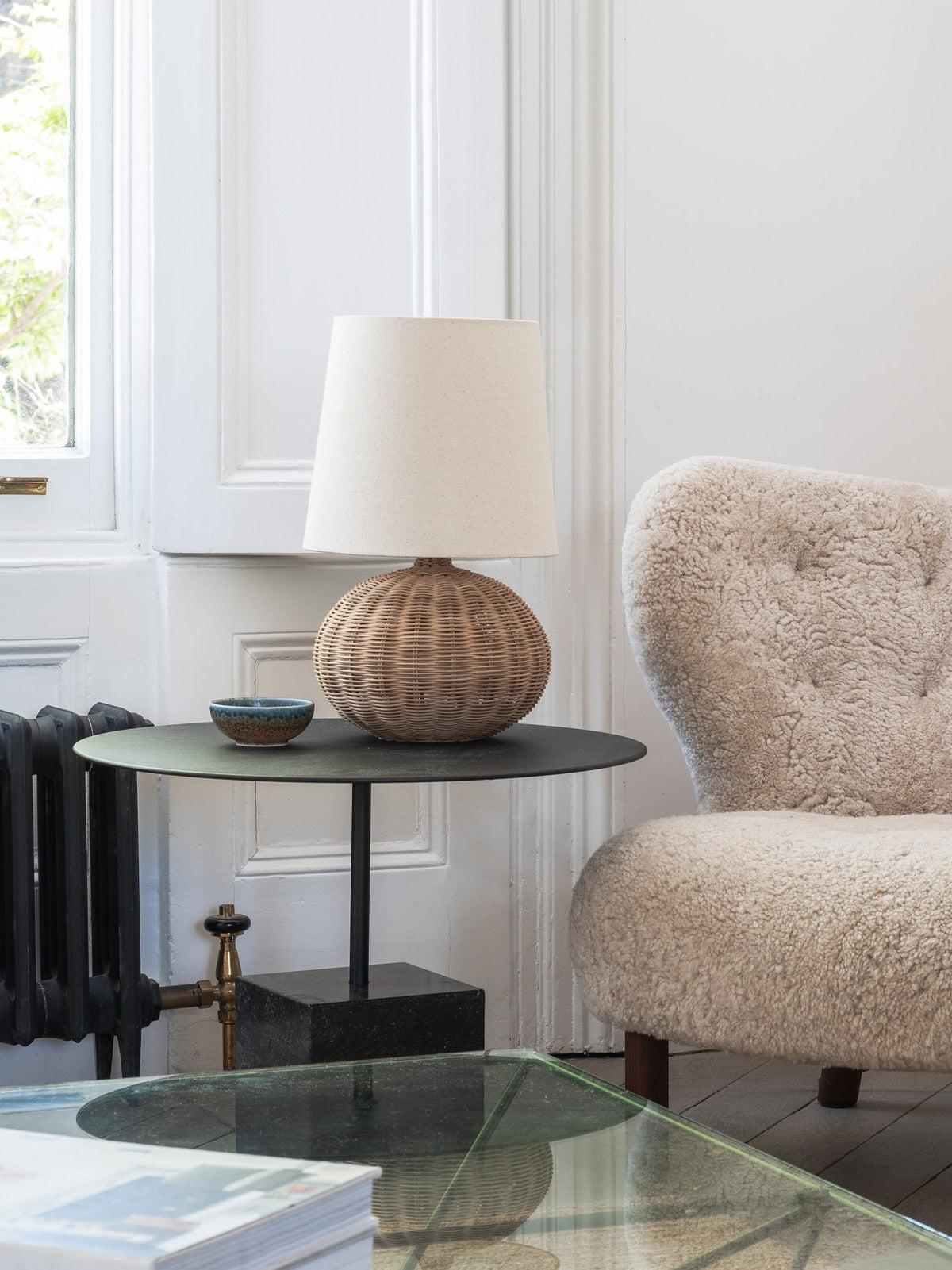 Rattan Table Lamp – Globe Base with Natural Linen Shade
