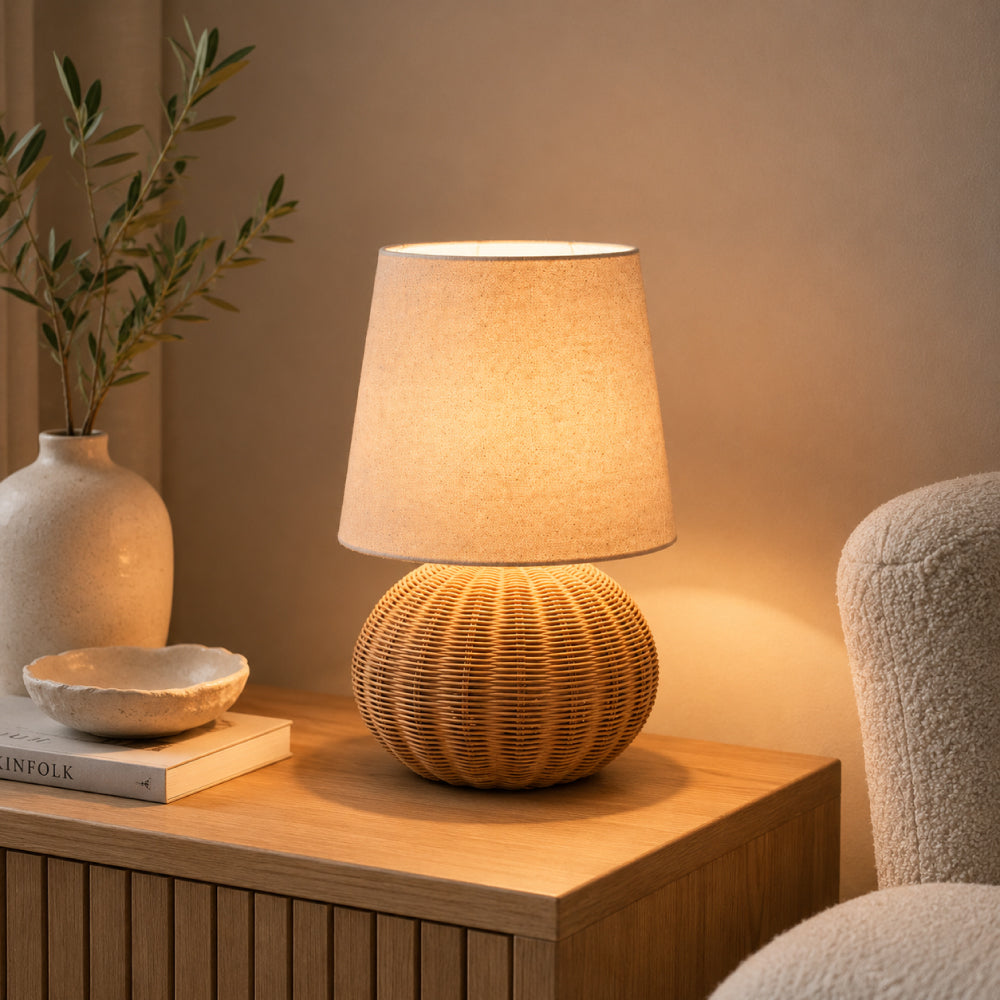 Rattan Table Lamp – Globe Base with Natural Linen Shade
