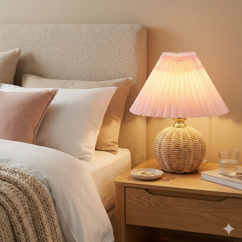 Rattan Table Lamp – Rattan and Fabric, Dimmable and Adjustable