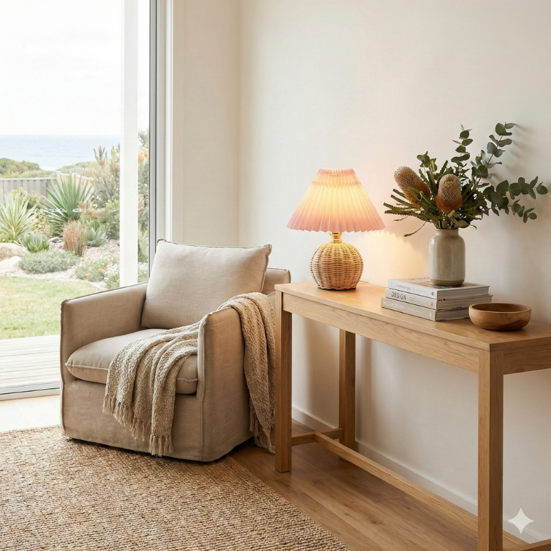 Rattan Table Lamp – Rattan and Fabric, Dimmable and Adjustable