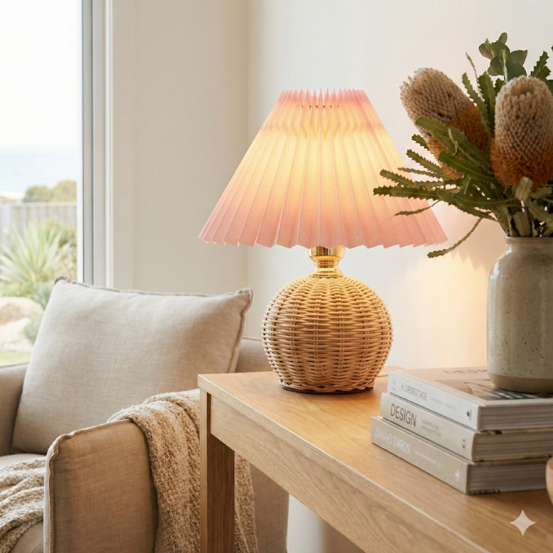 Rattan Table Lamp – Rattan and Fabric, Dimmable and Adjustable