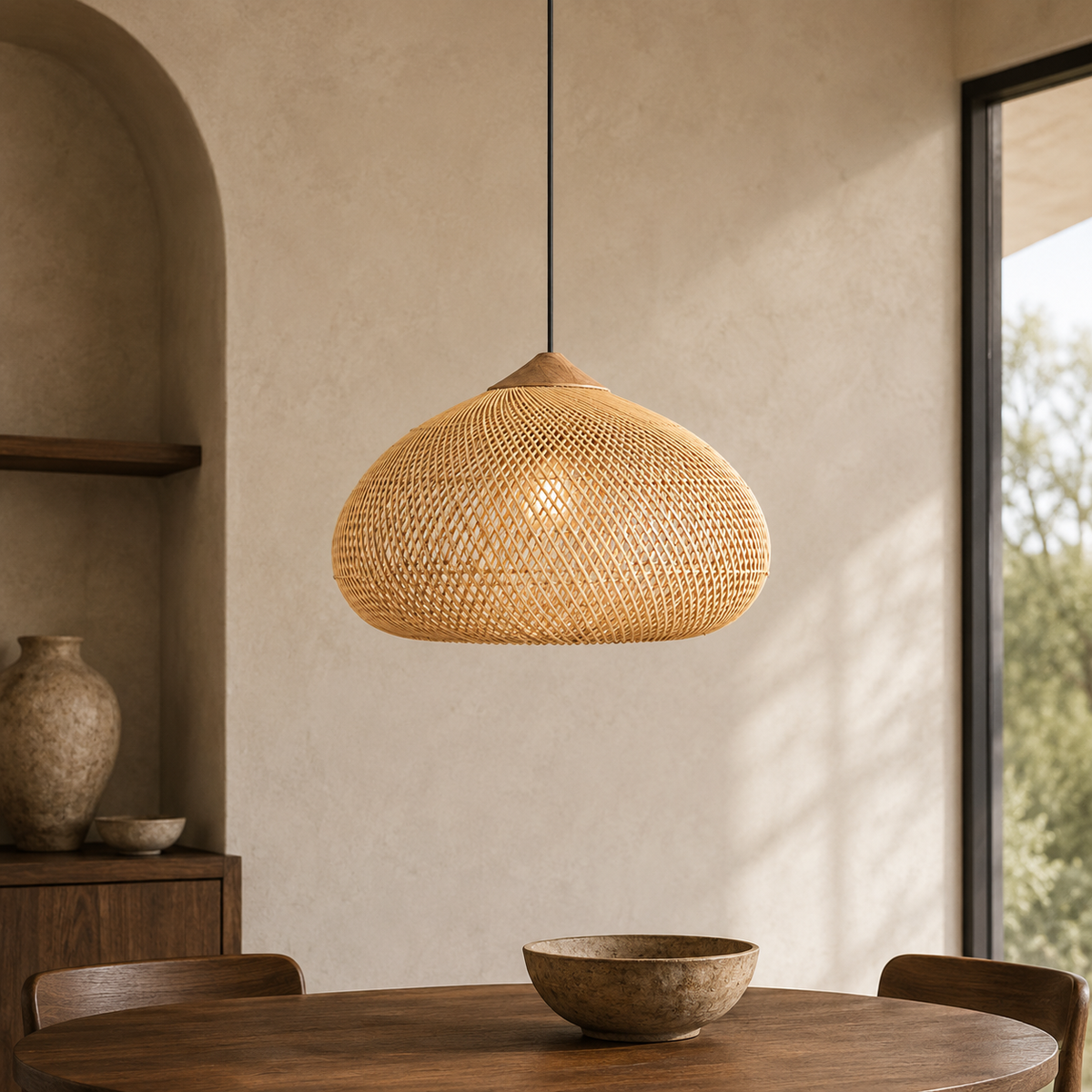 Rattan Pendant Light with Wood Details – Open Woven Shade for Dining Tables