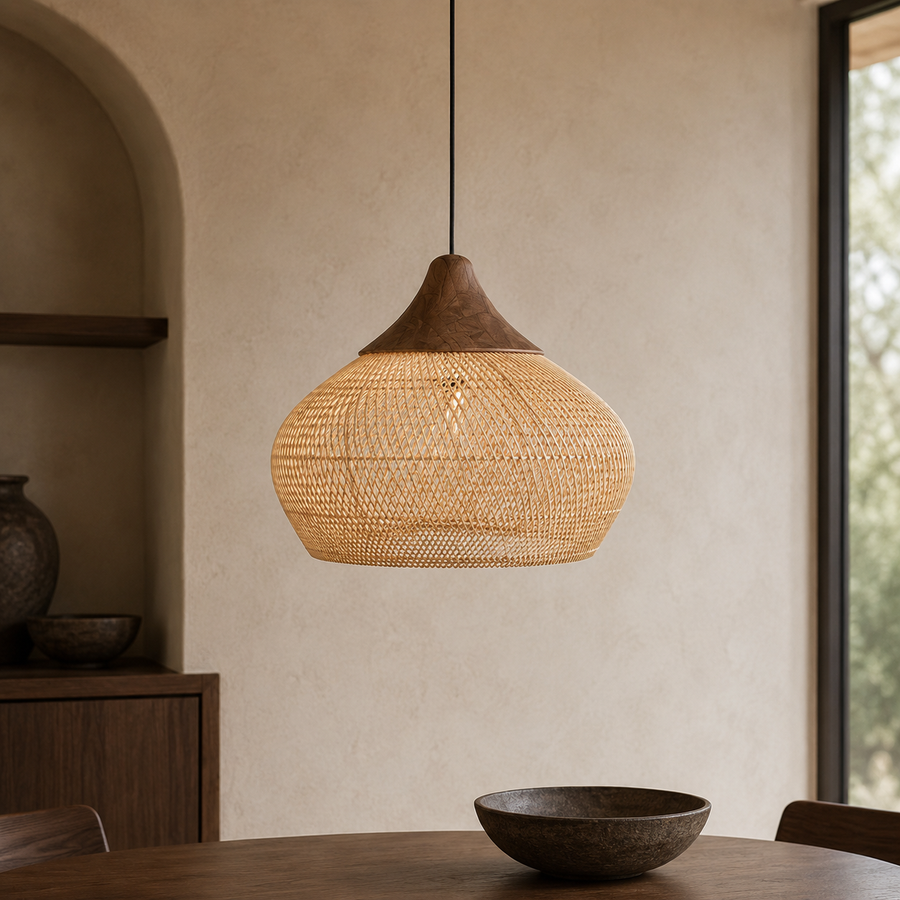 Rattan Pendant Light with Wood Details – Open Woven Shade for Dining Tables