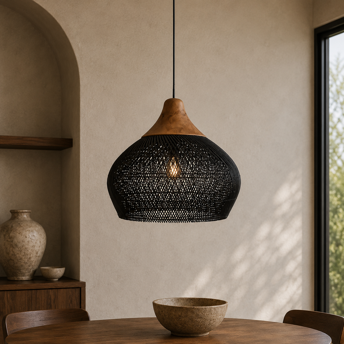 Rattan Pendant Light with Wood Details – Open Woven Shade for Dining Tables