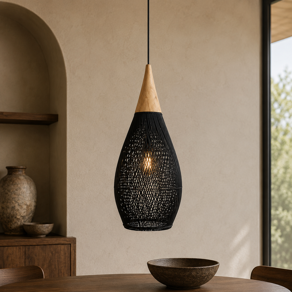 Rattan Pendant Light with Wood Details – Open Woven Shade for Dining Tables