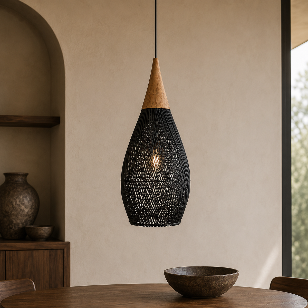 Rattan Pendant Light with Wood Details – Open Woven Shade for Dining Tables
