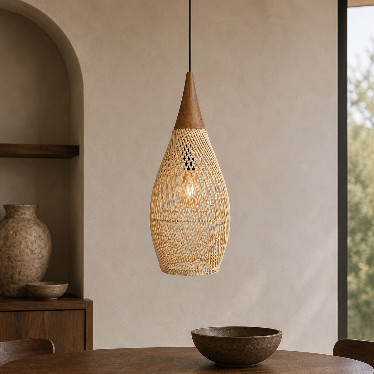 Rattan Pendant Light with Wood Details – Open Woven Shade for Dining Tables