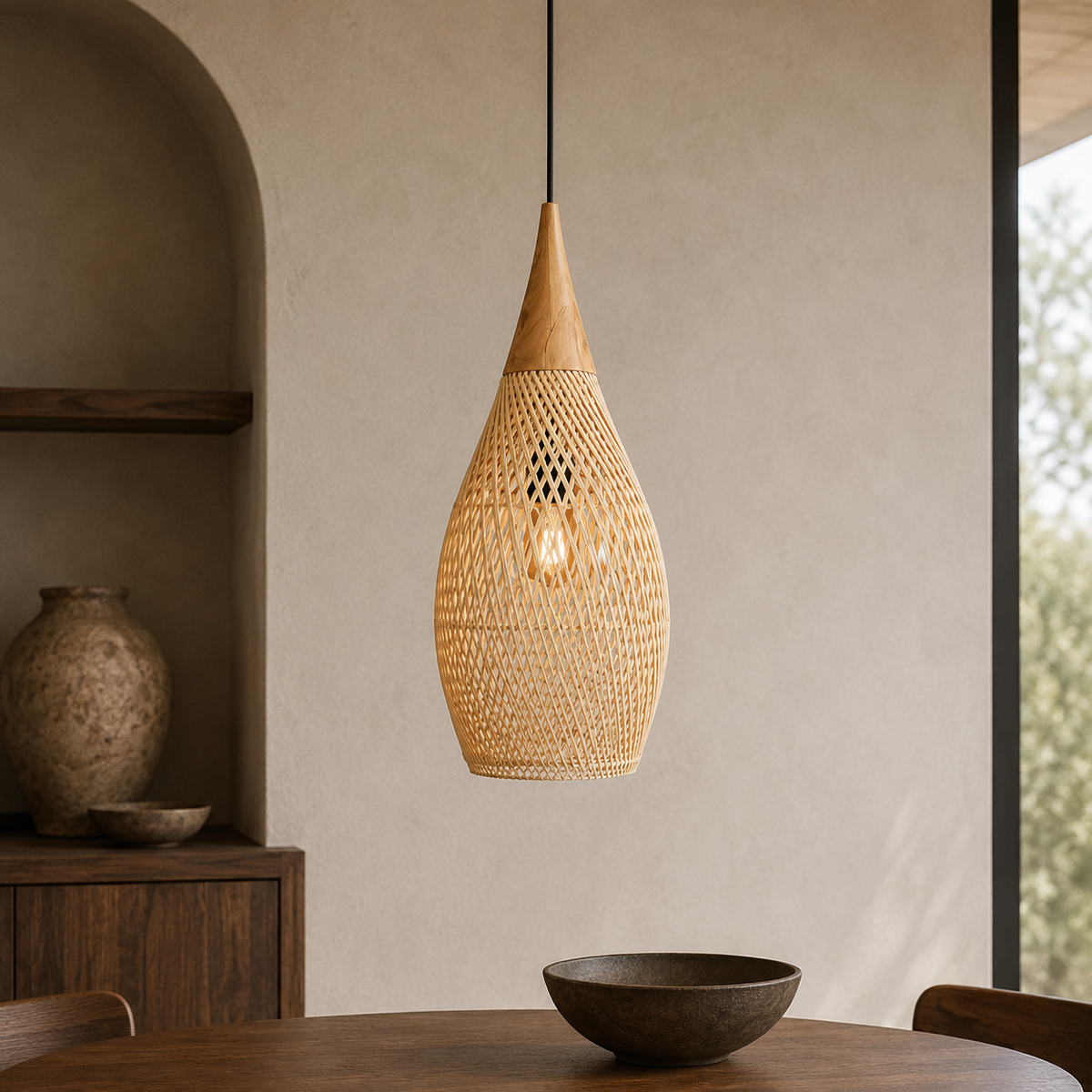 Rattan Pendant Light with Wood Details – Open Woven Shade for Dining Tables