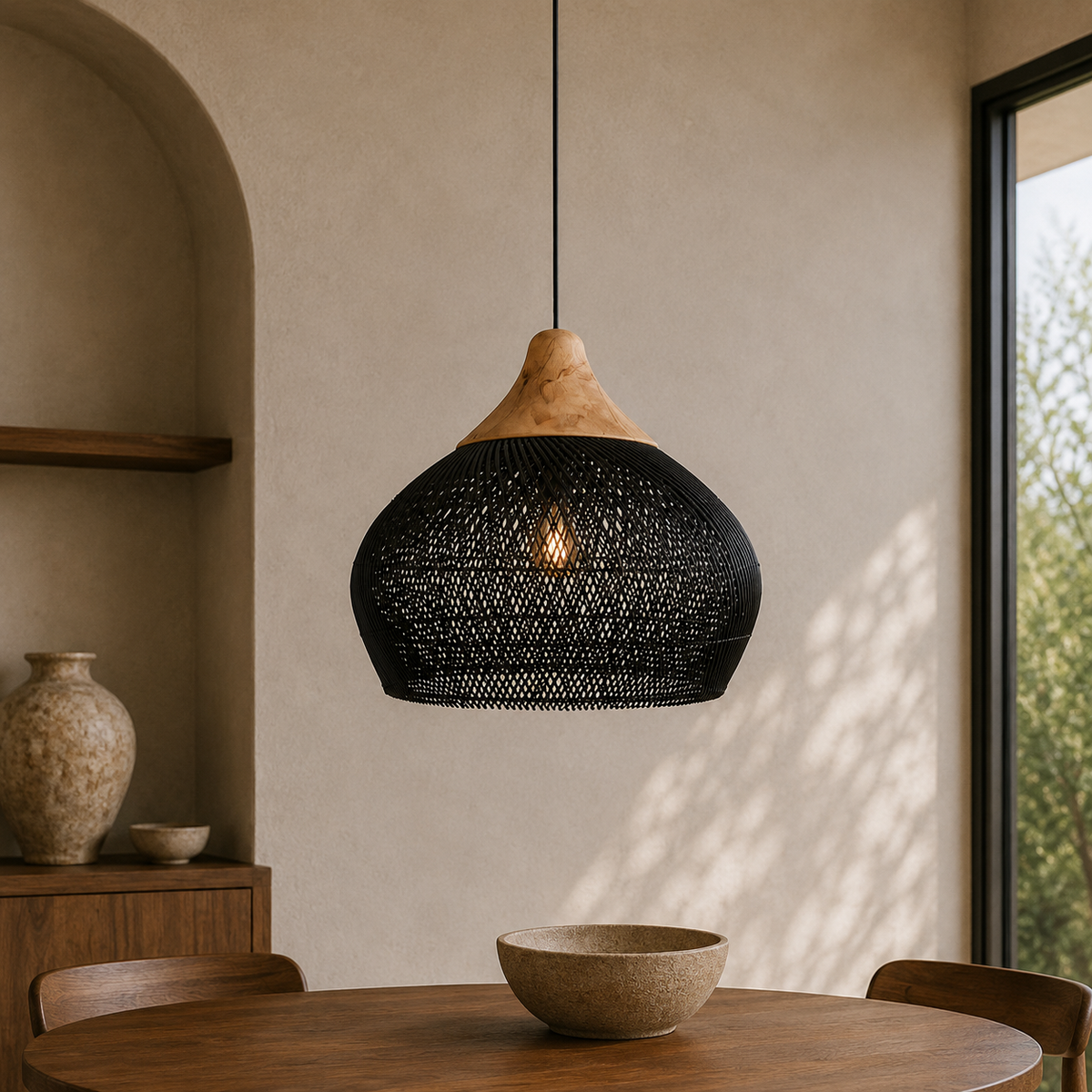 Rattan Pendant Light with Wood Details – Open Woven Shade for Dining Tables