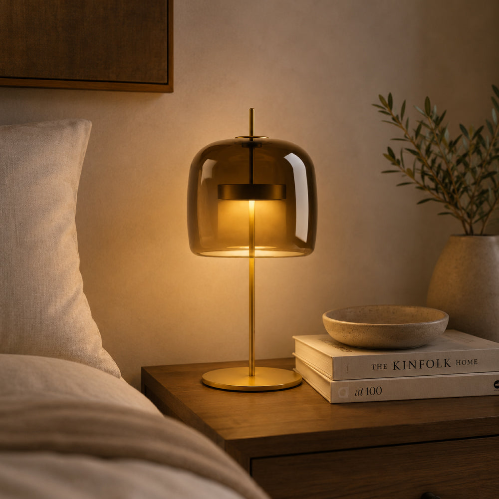 Retro Glass Table Lamp – Tinted Glass Shade with Brass Base