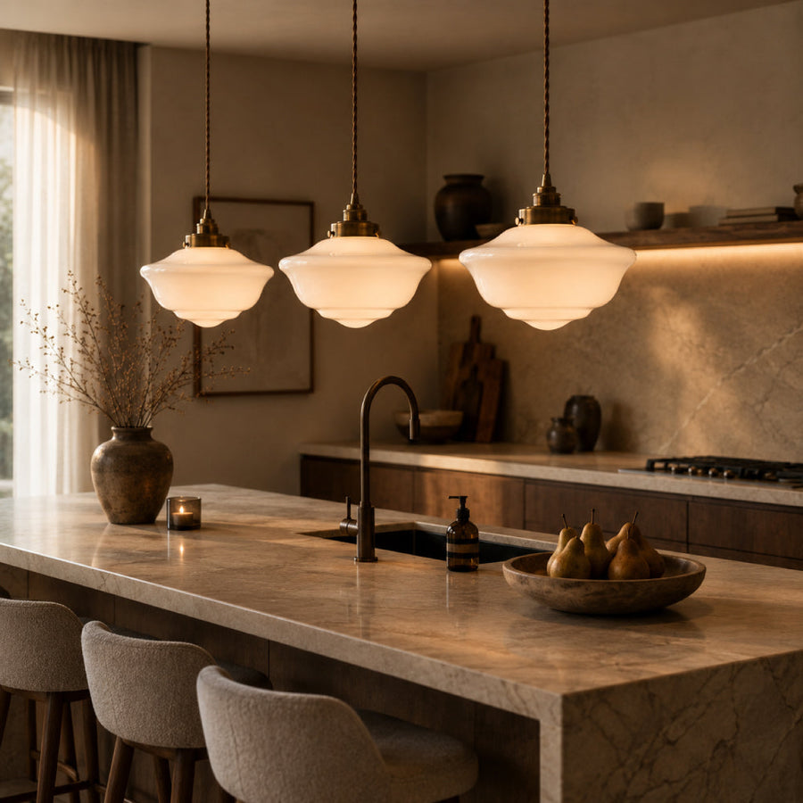 Retro Opal Glass Pendant Light – Wavy Shade with Brass Details