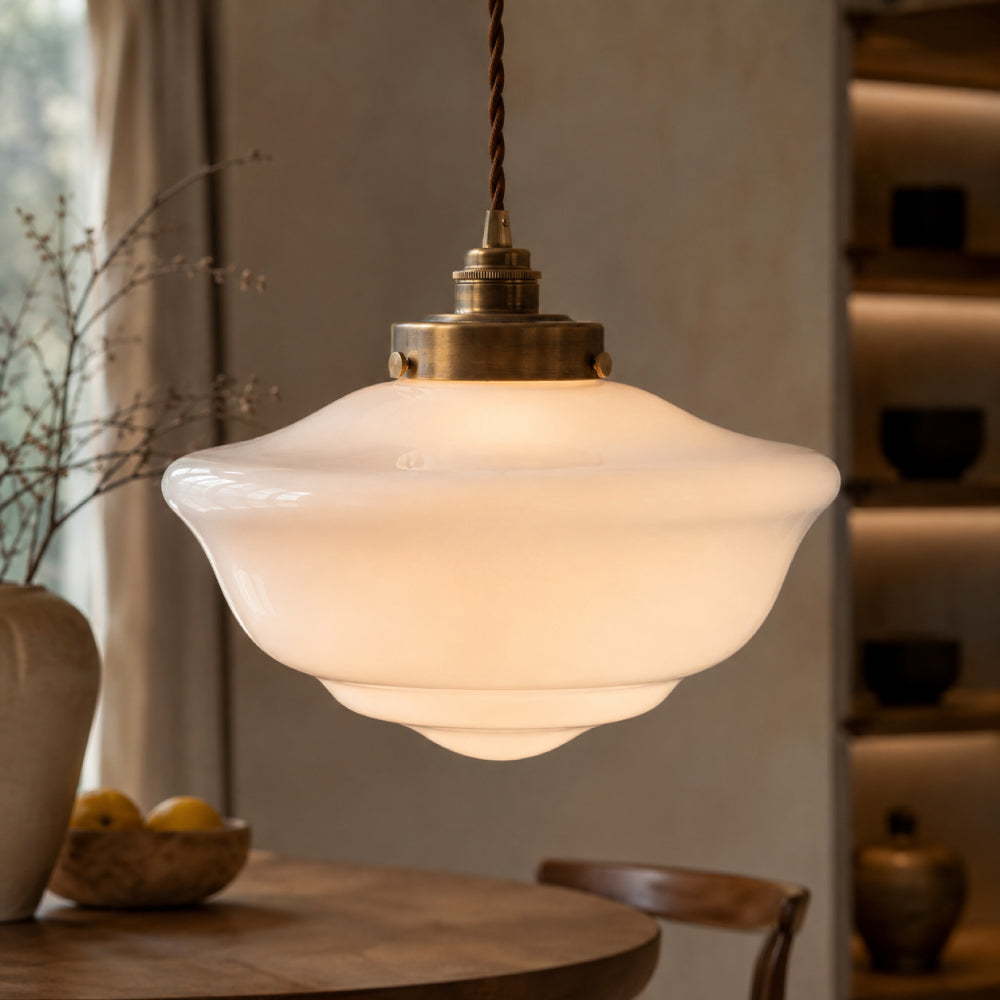 Retro Opal Glass Pendant Light – Wavy Shade with Brass Details