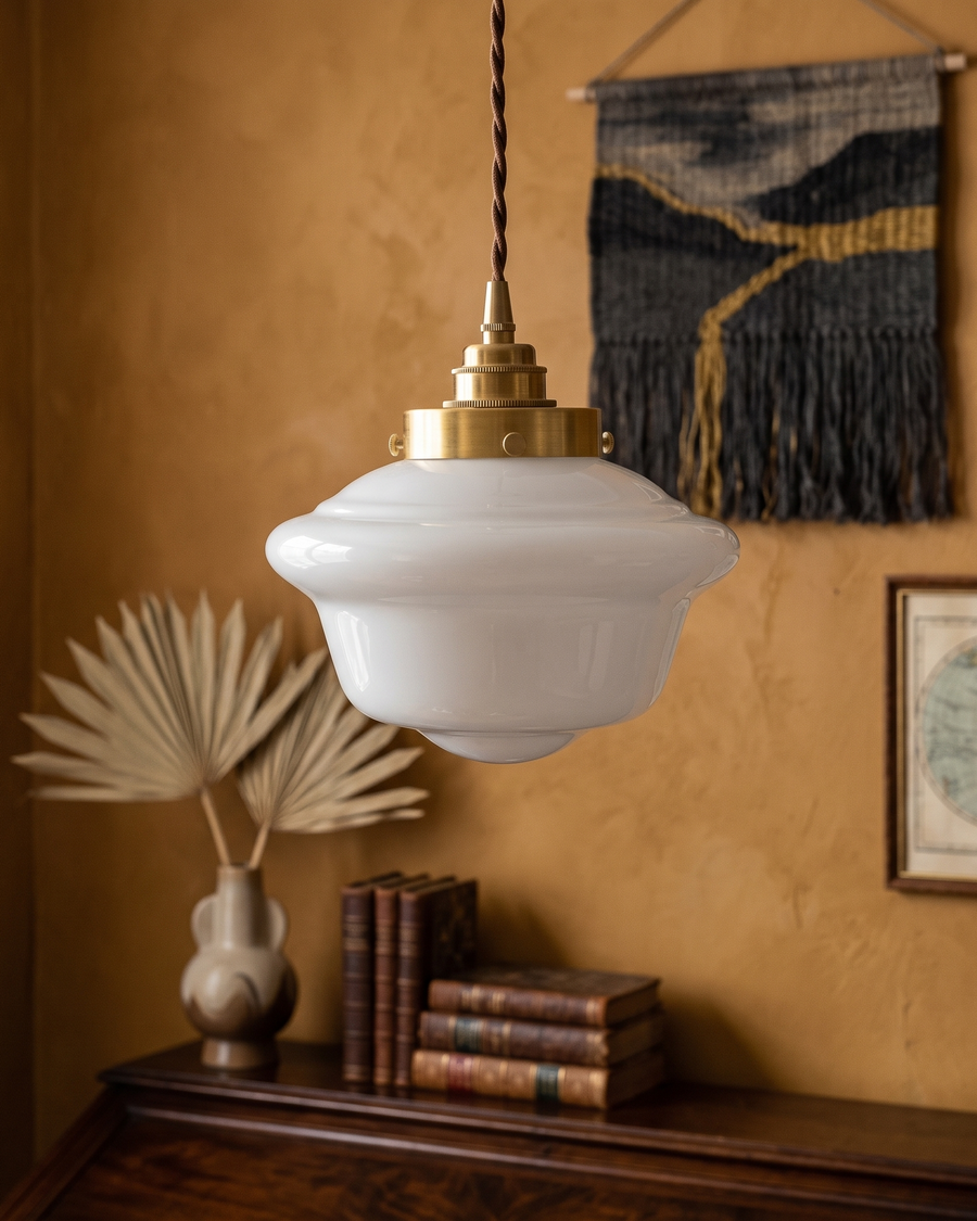 Retro Opal Glass Pendant Light – Wavy Shade with Brass Details