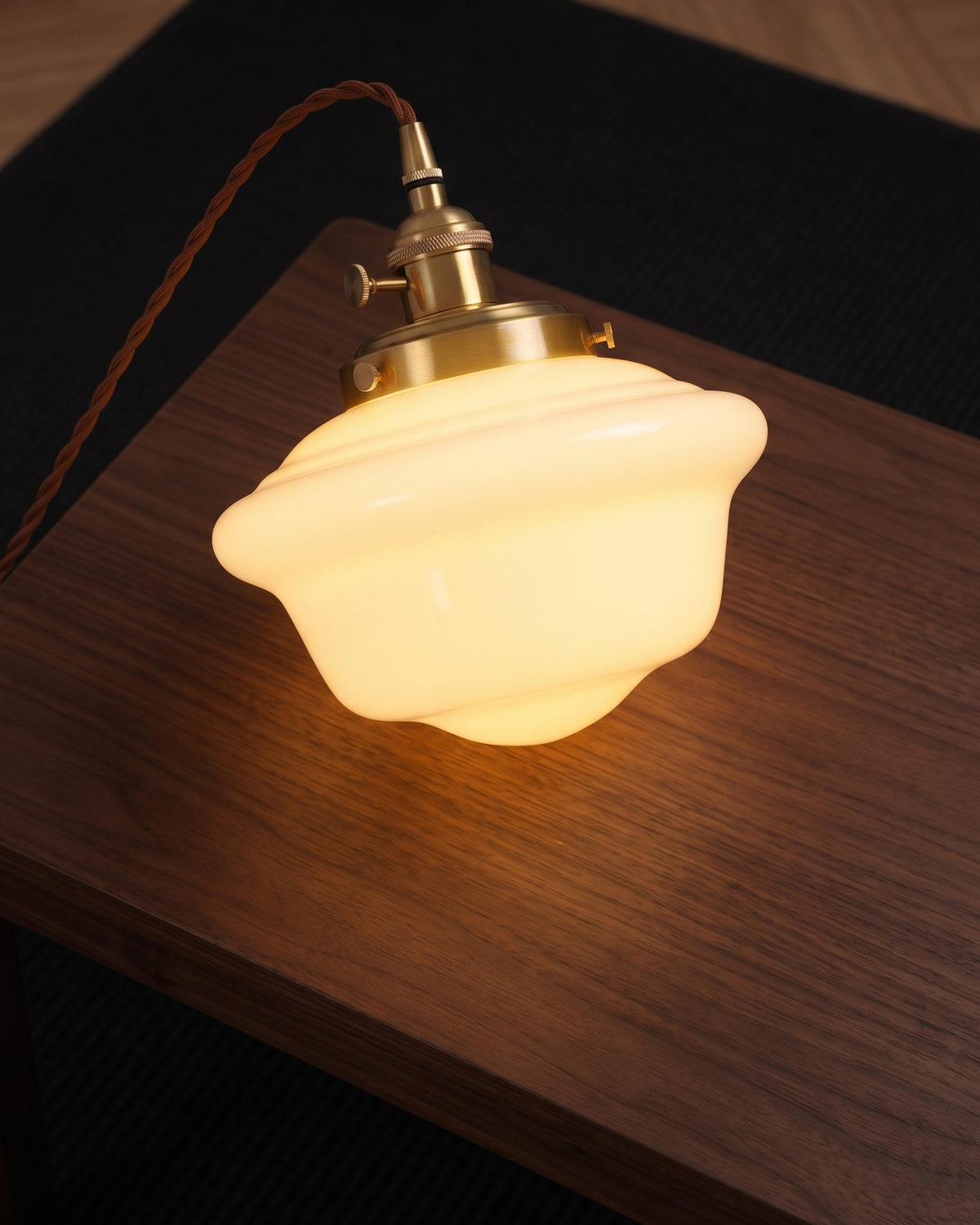 Retro Opal Glass Pendant Light – Wavy Shade with Brass Details