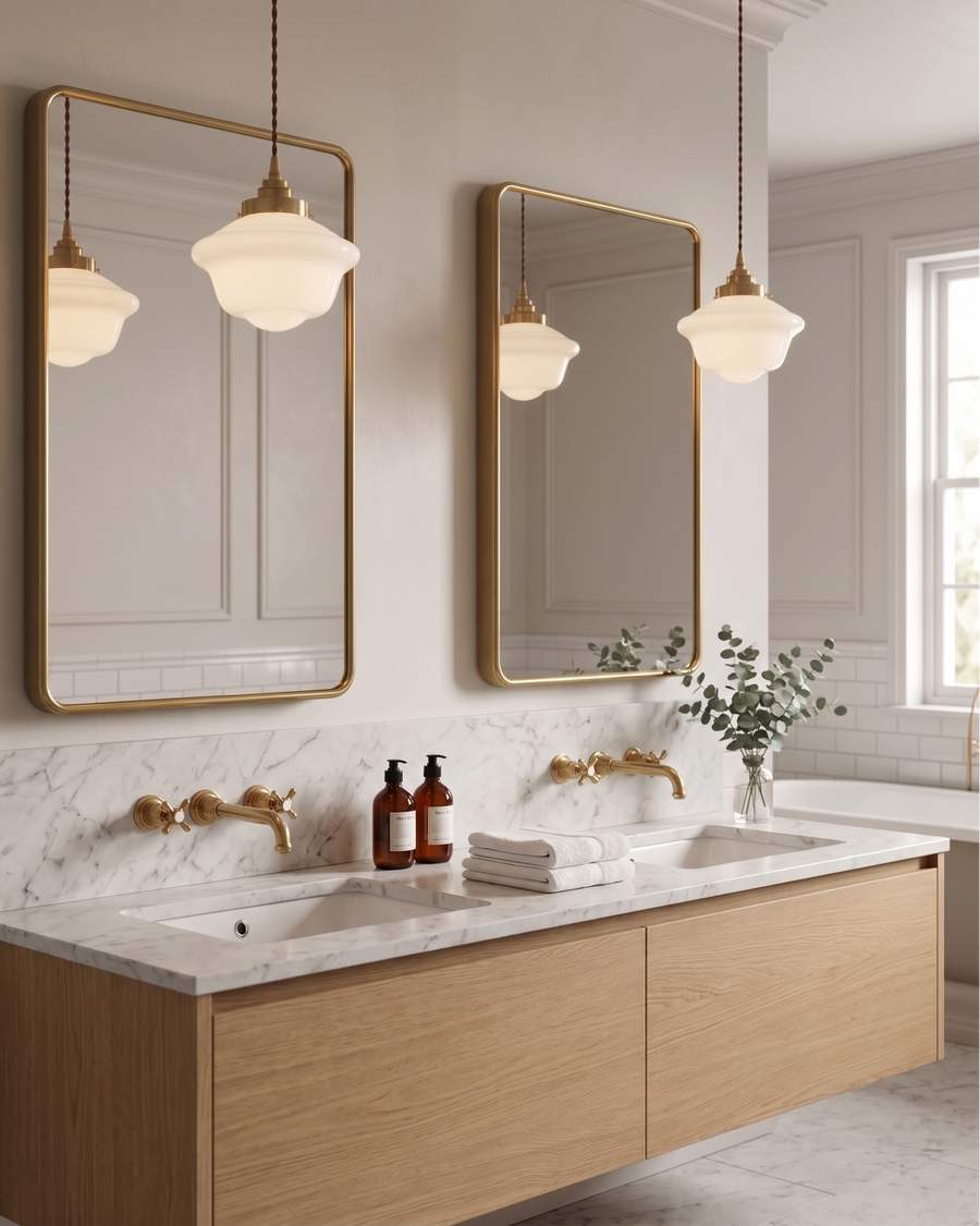 Retro Opal Glass Pendant Light – Wavy Shade with Brass Details