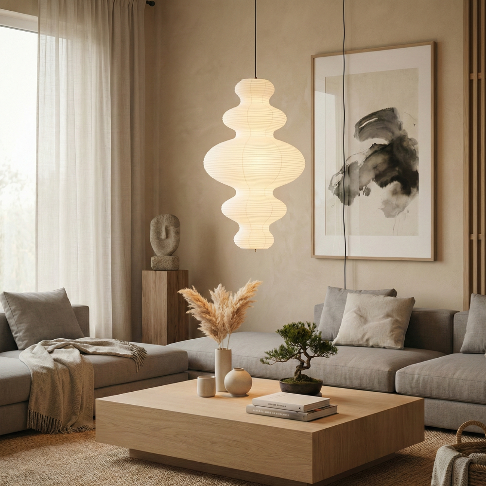 Rice Paper Pendant Light – Paper and Bamboo with Adjustable Height
