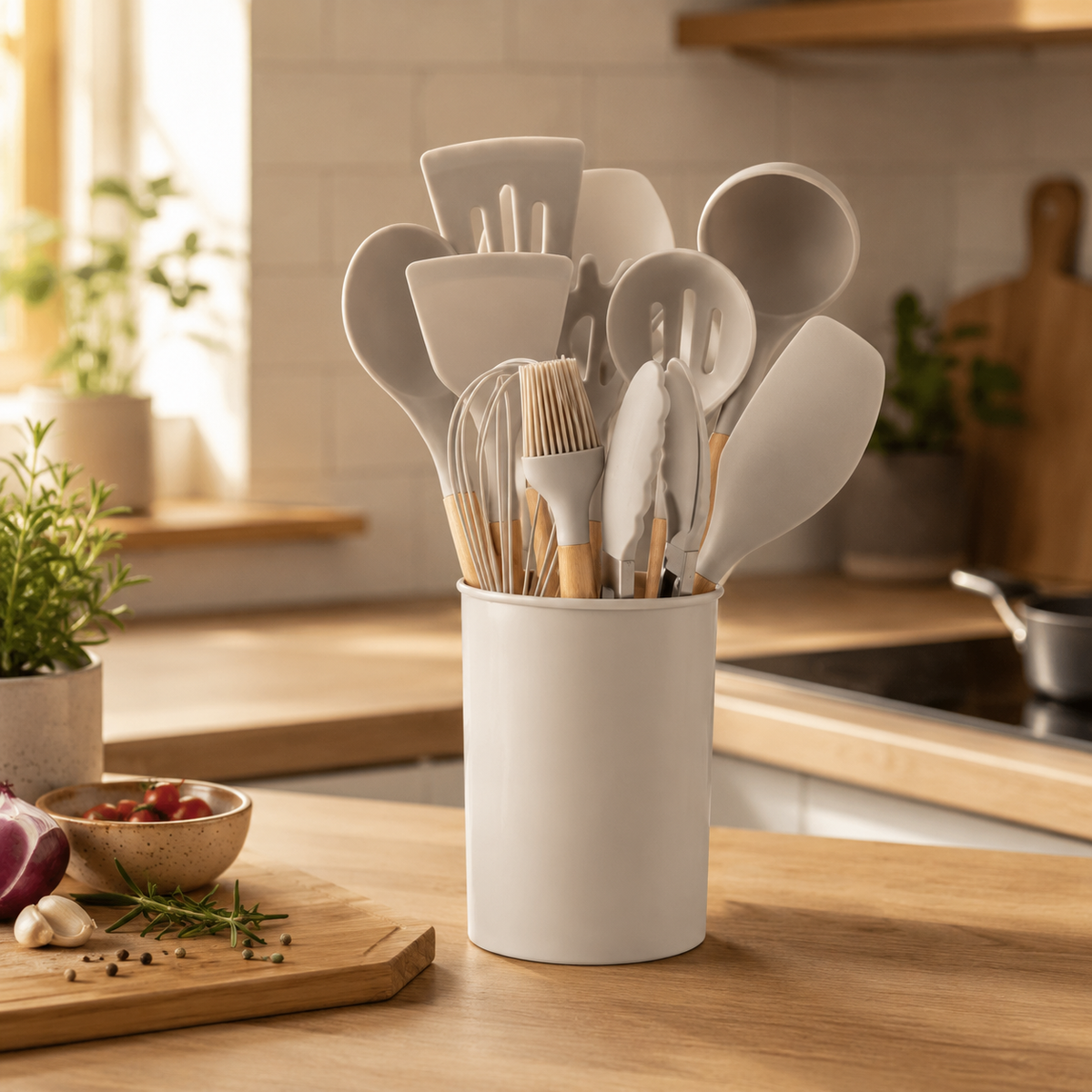 Silicone Kitchen Utensil Set – 12 Heat-Resistant Pieces with Bamboo Handles