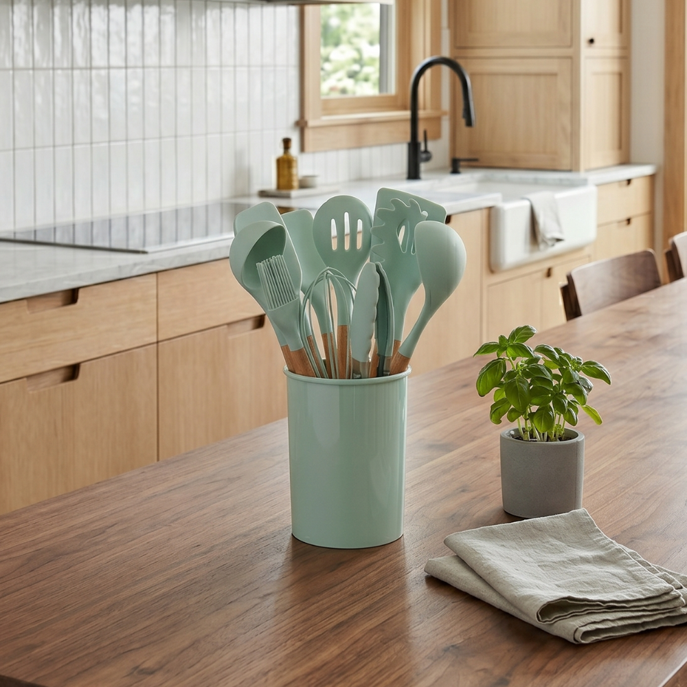 Silicone Kitchen Utensil Set – 12 Heat-Resistant Pieces with Bamboo Handles