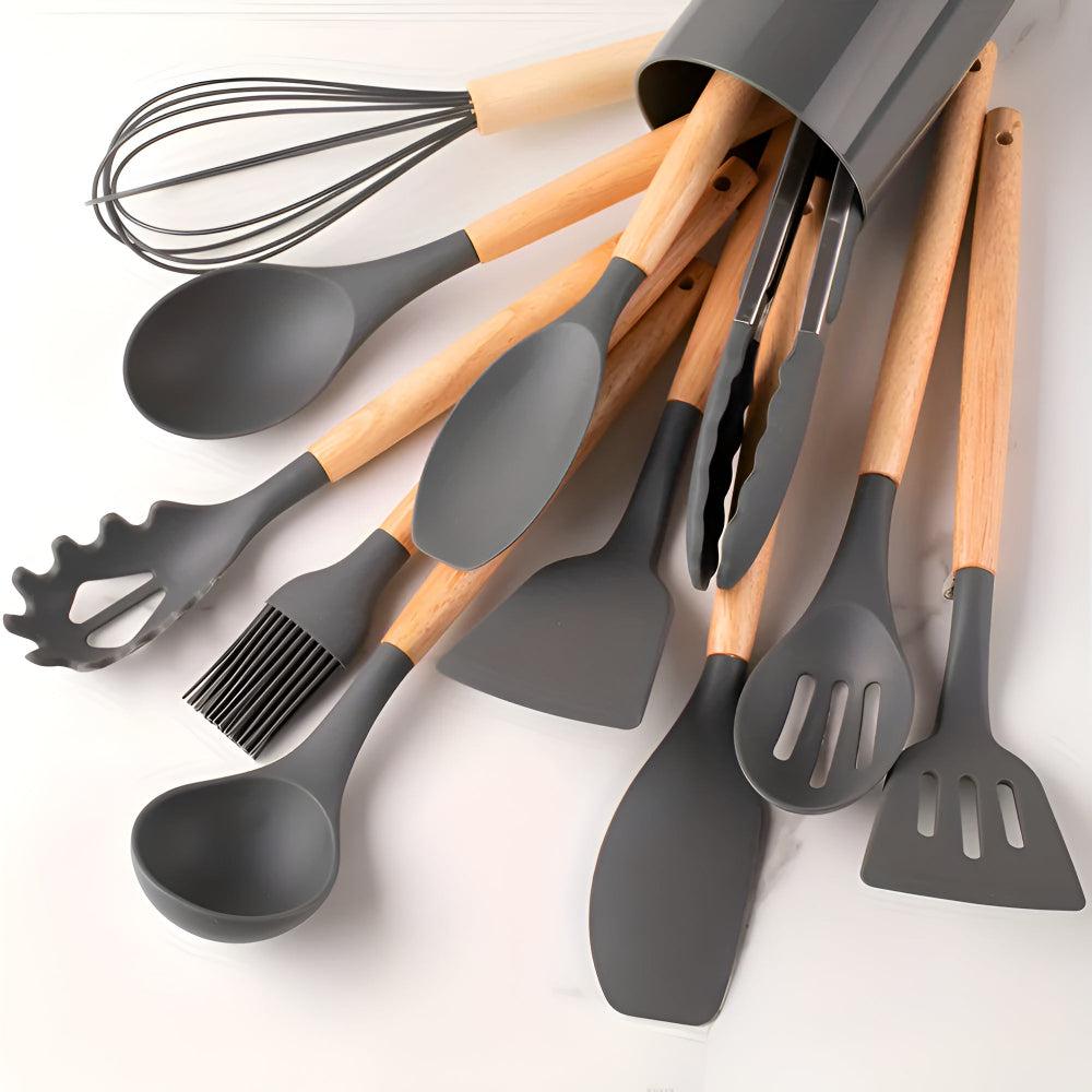 Silicone Kitchen Utensil Set – 12 Heat-Resistant Pieces with Bamboo Handles