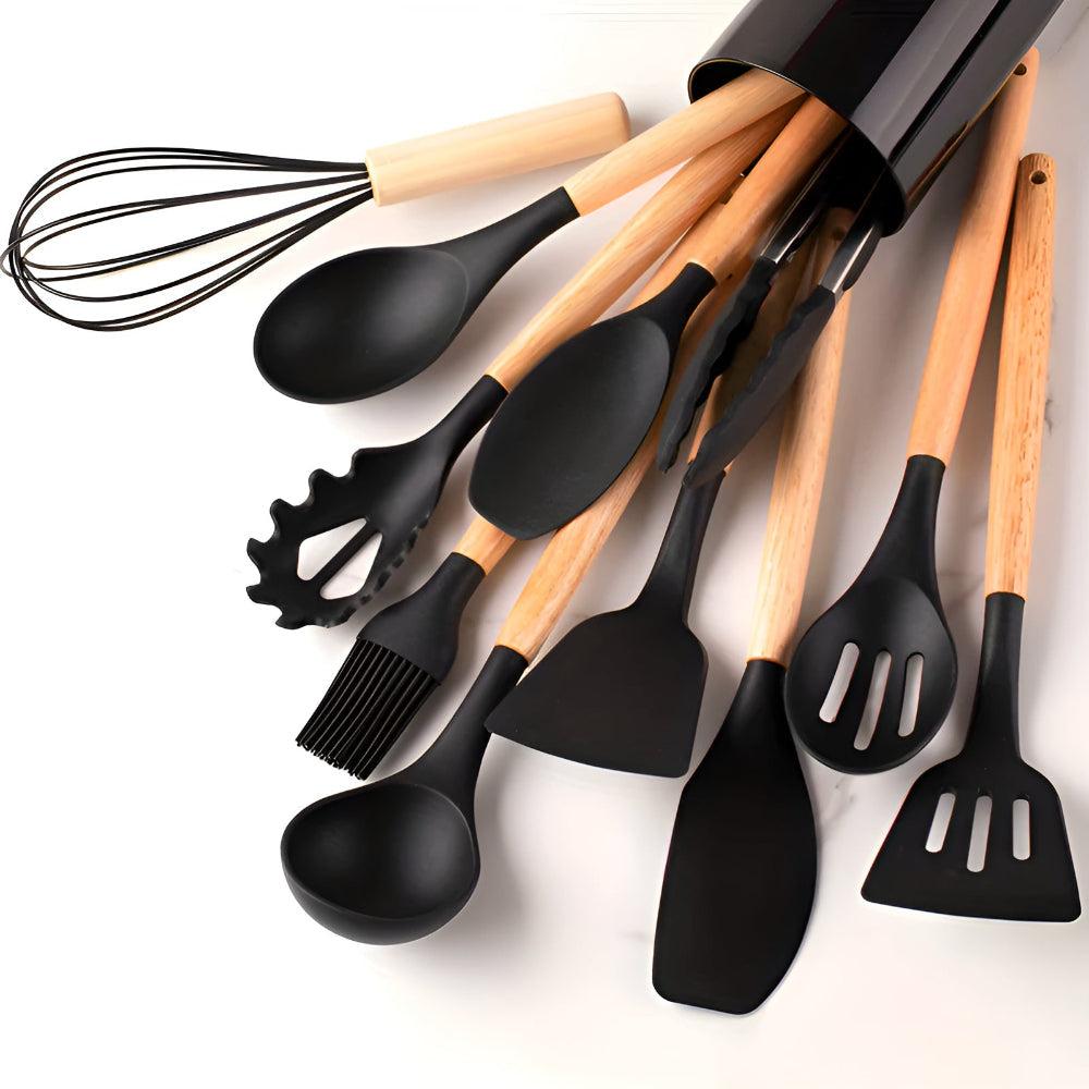Silicone Kitchen Utensil Set – 12 Heat-Resistant Pieces with Bamboo Handles
